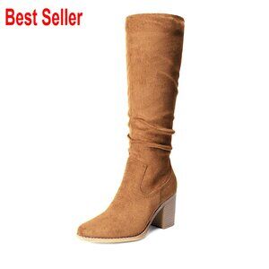 Faux Suede Knee-High Boots Chunky Heel Pointed Toe Side Zipper